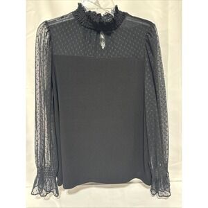 Adrianna Papell Black Dotted Mesh‎ Ruffled Collar Long Sleeve Blouse M/L